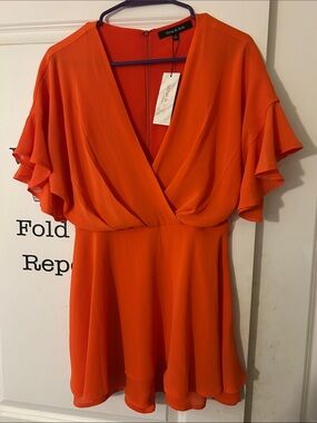 Strut & Bolt Vibrant Orange Ruffle Sleeve V-Neck Dress